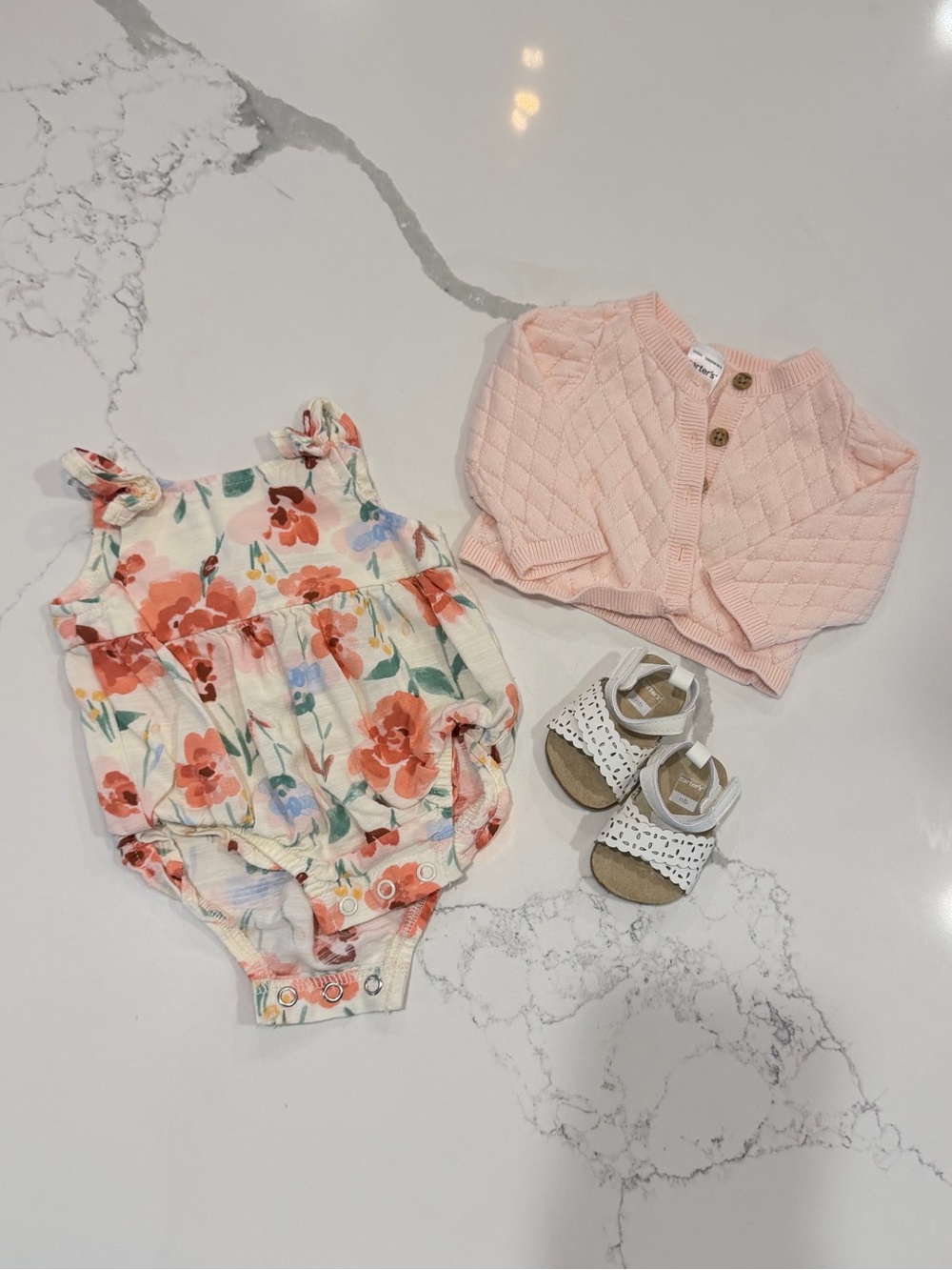 Carter’s NB Floral Romper with Cardigan and White Sandals Outfit